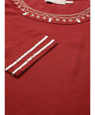 Maroon Neck Zari Embroidered Liva Kurta 5