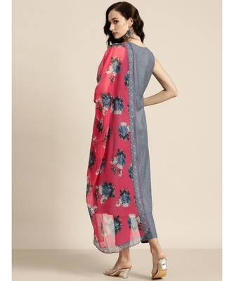Blue Kurta and Pants With Floral Chiffon Dupatta 3