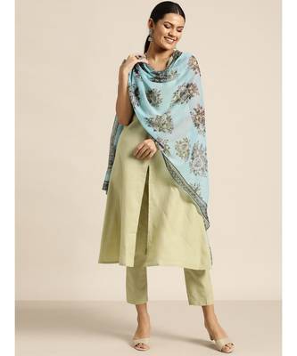Green Kurta and Pants With Floral Chiffon Dupatta 1