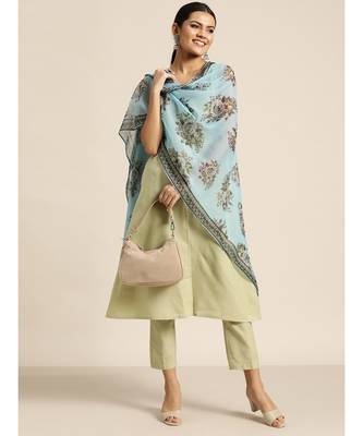 Green Kurta and Pants With Floral Chiffon Dupatta 4