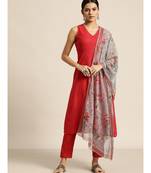 Red Kurta and Pants With Floral Chiffon Dupatta