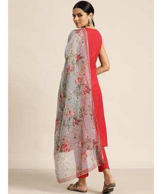 Red Kurta and Pants With Floral Chiffon Dupatta 3