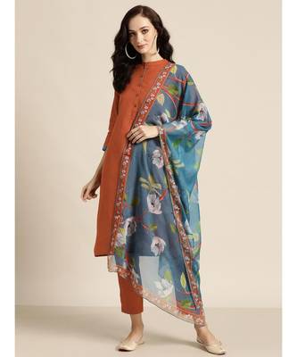 Rust Kurta and Pants With Floral Chiffon Dupatta 1