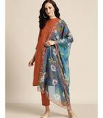Rust Kurta and Pants With Floral Chiffon Dupatta