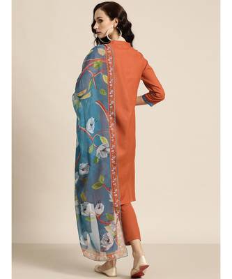 Rust Kurta and Pants With Floral Chiffon Dupatta 3