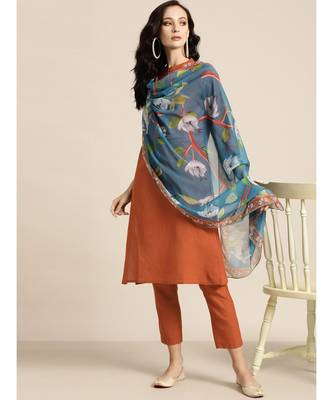 Rust Kurta and Pants With Floral Chiffon Dupatta 4