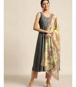 Grey Anarkali Kurta and Pants With Floral Chiffon Dupatta