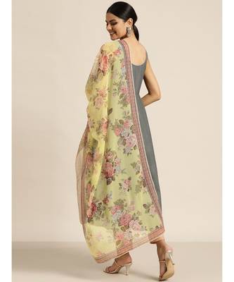 Grey Anarkali Kurta and Pants With Floral Chiffon Dupatta 3