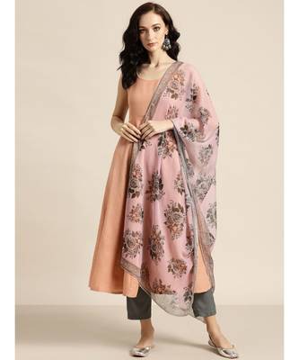 Pink Anarkali Kurta and Pants With Floral Chiffon Dupatta 1