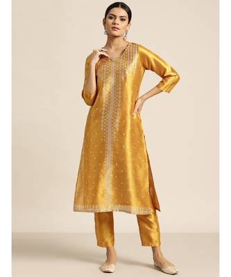 Mustard Mukaish Work Kurta With Pencil Pants 1