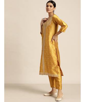 Mustard Mukaish Work Kurta With Pencil Pants 2