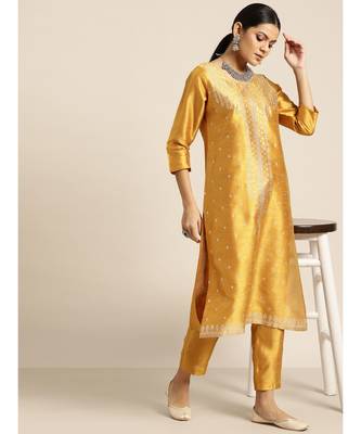 Mustard Mukaish Work Kurta With Pencil Pants 4