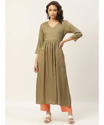 Olive Pocket Embroidered Gathered Kurta 1