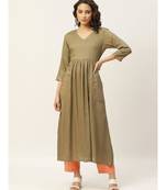 Olive Pocket Embroidered Gathered Kurta