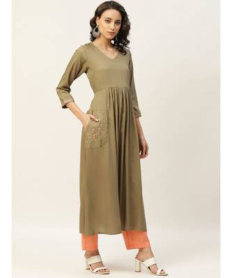 Olive Pocket Embroidered Gathered Kurta 2