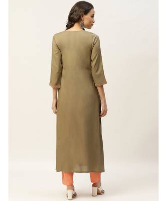Olive Pocket Embroidered Gathered Kurta 3