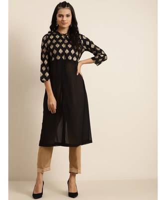 Black Floral Foil Print Front Slit Kurta 1
