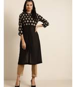 Black Floral Foil Print Front Slit Kurta