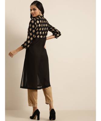 Black Floral Foil Print Front Slit Kurta 3