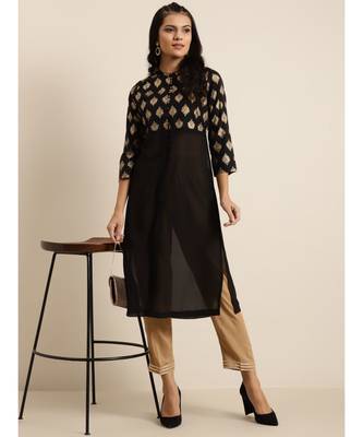 Black Floral Foil Print Front Slit Kurta 4
