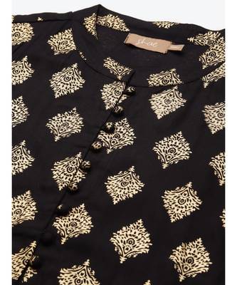 Black Floral Foil Print Front Slit Kurta 5
