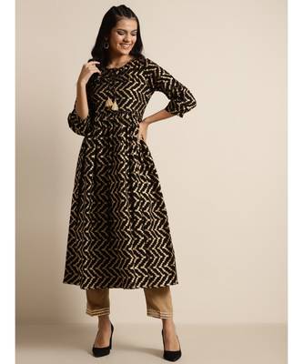 Black Chevron Foil Gathered Kurta 1