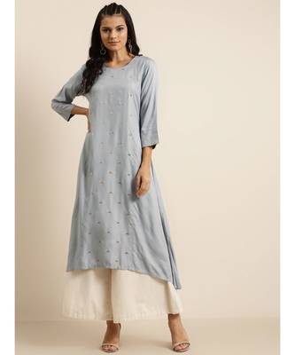 Grey A Line Zari Embroidery Kurta 1