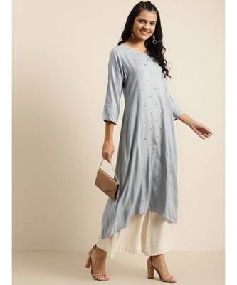 Grey A Line Zari Embroidery Kurta 4