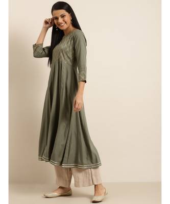 Olive Hand Work Embroidery Anarkali Kurta 2