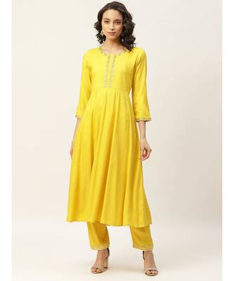 Yellow Zari Embroidery Anarkali Kurta with Pants 1