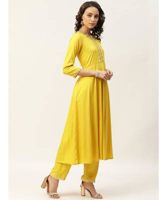 Yellow Zari Embroidery Anarkali Kurta with Pants 2