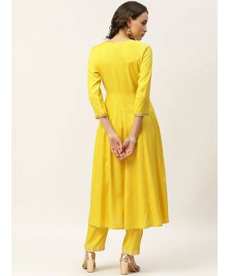 Yellow Zari Embroidery Anarkali Kurta with Pants 3