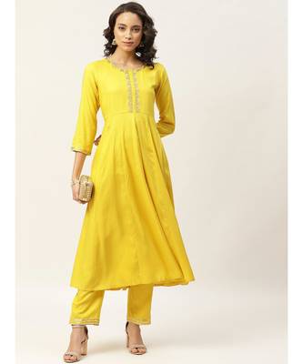Yellow Zari Embroidery Anarkali Kurta with Pants 4