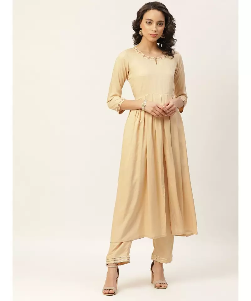 Beige Zari Embroidery Slit Kurta with Pants