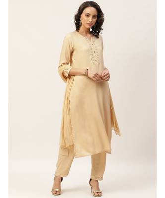 Beige Zari Embroidery Kurta With Pants & Chiffon Dupatta 1