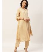 Beige Zari Embroidery Kurta With Pants & Chiffon Dupatta
