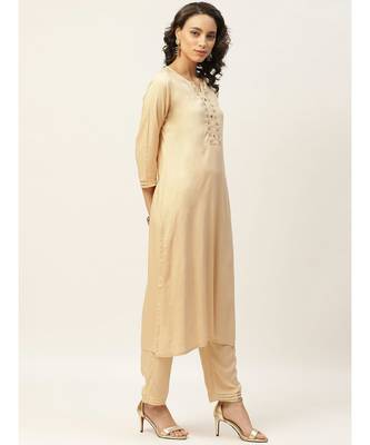 Beige Zari Embroidery Kurta With Pants & Chiffon Dupatta 2