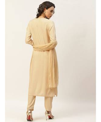 Beige Zari Embroidery Kurta With Pants & Chiffon Dupatta 3