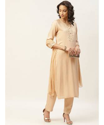 Beige Zari Embroidery Kurta With Pants & Chiffon Dupatta 4
