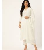 Off White Zari Embroidery Kurta With Pants & Chiffon Dupatta