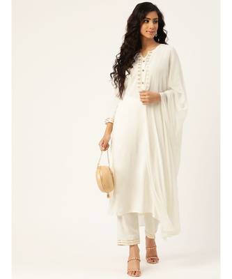 Off White Zari Embroidery Kurta With Pants & Chiffon Dupatta 4