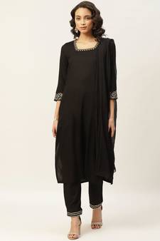 Black Zari Floral Embroidery Kurta with Pants & Chiffon Dupatta