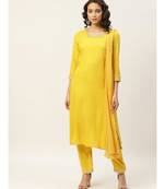 Yellow Zari Floral Embroidery Kurta with Pants & Chiffon Dupatta