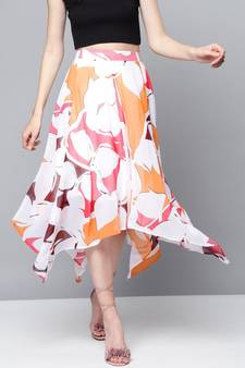 Orange Floral Asymmetric Midi Skirt