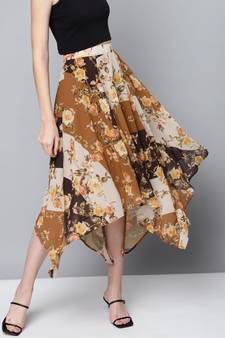 Brown Floral Asymmetric Midi Skirt