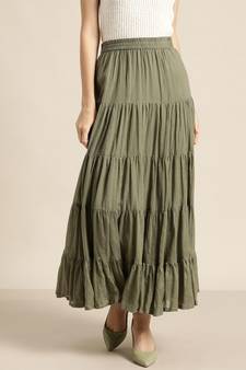 Olive Crinkled Tiered Skirt