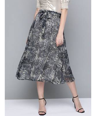 Grey Animal Lurex Print Front Belted Skirt 1