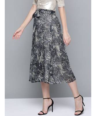 Grey Animal Lurex Print Front Belted Skirt 2