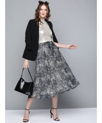 Grey Animal Lurex Print Front Belted Skirt 4