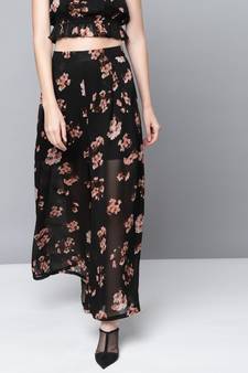 Black Floral Front Pleats Wide Leg Pants
